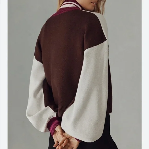 Anthropologie Maeve Brown/White/Pink Color Block Zippered Sweater Size Small - Picture 4 of 14
